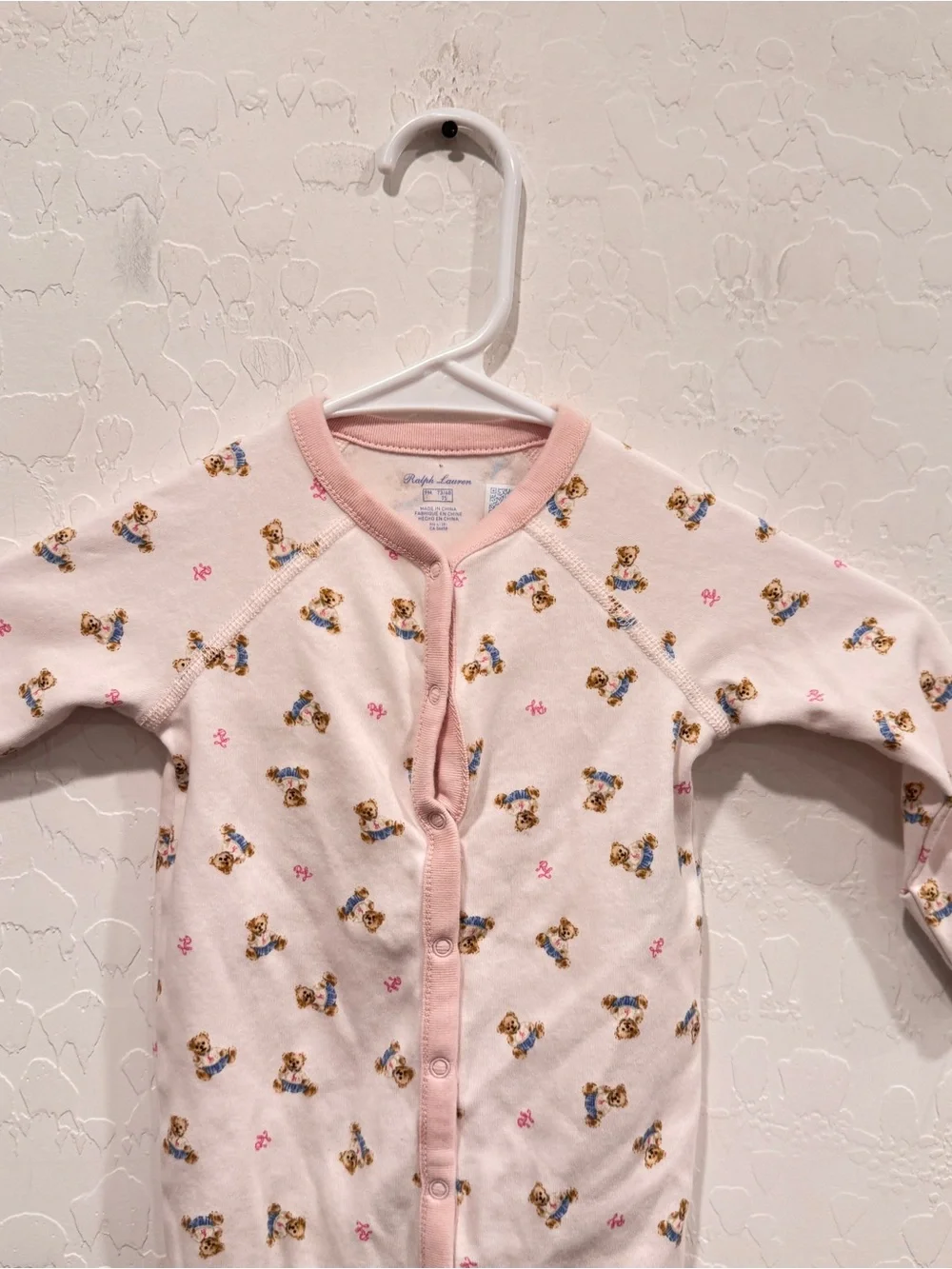 Ralph Lauren Pink Teddy-Print Footed One-Piece Baby Girl 9M